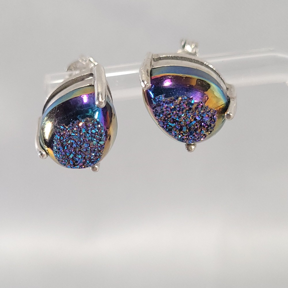NF Thailand Sterling‎ Silver Stud Earrings Iridescent Titanium Druzy Quartz 925